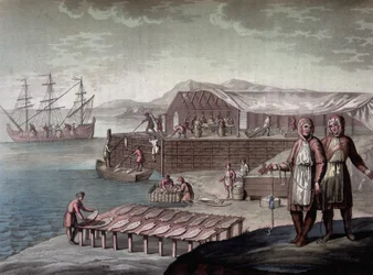 A pesca do bacalhau feita pelos habitantes da Terra Nova - in “” Le traje ancien et moderne”” de Ferrario, ed. Milão