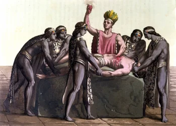 Topiltzin (sumo sacerdote das antigas civilizações mexicanas) fazendo um sacrifício humano - em "O traje antigo e moderno" de J. ferrario