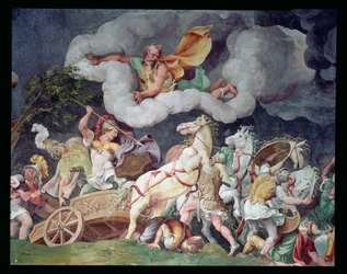 Aquiles arrastando o corpo de Hector em sua carruagem, detalhe do teto da Sala di Troia, c.1538