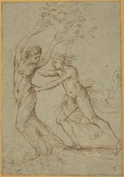 Apolo e Daphne (caneta e tinta castanha sobre papel vegetal verde-azulado)