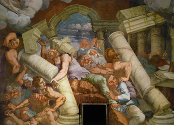 Gigantes atacantes são esmagados por edifícios que se desmoronam (fresco)