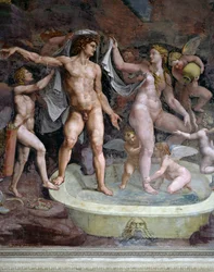 Banho de Marte e Vénus, fresco de Giulio Romano (1499-1546), parede norte da Câmara de Cupido e Psique, Palácio Te, Mântua (Lista do Património Mundial da UNESCO, 2008), Lombardia, Itália