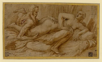 Cena erótica de Giulio Romano (1499-1546), depois de 1524 - Pena, pincel, tinta-da-china castanha, branco, giz preto sobre papel
