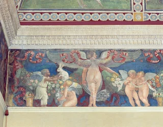 Friso da Camera con Fregio di Amorini, Câmara do Friso dos Cupidos, pormenor de dois cupidos, um negro, a brincar com coelhos, década de 1520