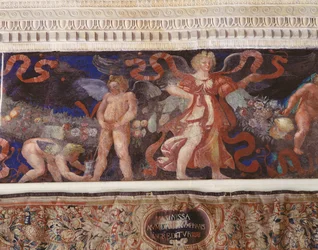 Friso da Câmera com Fregio di Amorini Frente do Cupido Friso detalhe de um cupido urinando em um jarro, afresco de 1520