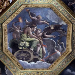 Vénus furiosa nomeia Psique para Cupido a fim de a castigar. Fresco de Giulio Pippi de