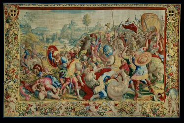 A História de Cipião: A Batalha de Ticino, primeira peça de tapeçaria, lã e seda, tapeçaria ...