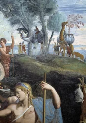 Banquete nobre (parede sul), pormenor: camelos e girafa. Fresco de Giulio Pippi de