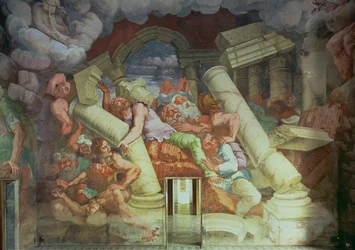 Sala dei Giganti, detalhe da destruição dos gigantes por raios Jupiters, 1536 afresco para detalhes ver 78488