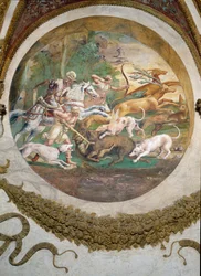 Cena mostrando que aqueles nascidos sob o signo de Câncer em conjunto com a constelação de Marte serão habilidosos em caça e pesca, simbolizados por uma cena de uma caçada, da Camera dei Venti,