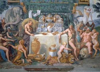 O nobre banquete que celebra o casamento de Cupido e Psique, pormenor com Dionísio e Sileno à direita de uma mesa com o serviço de jantar, da Sala di Amore e Psiche, 1528