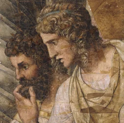 Dois homens, busto, olhando para baixo: um desenho animado para uma tapeçaria,