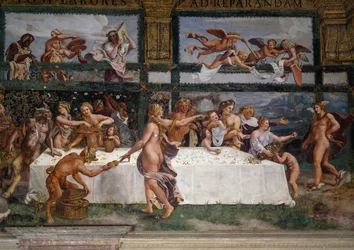 Banquete de casamento ou banquete dos deuses, fresco de Giulio Romano (1499-1546), parede oeste da Câmara de Cupido e Psique, Palazzo Te, Mântua (Lista do Património Mundial da UNESCO, 2008), Lombardia, Itália