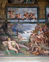 Festa de casamento ou Banquete dos deuses, afresco de Giulio Romano (1499-1546), parede oeste da Câmara de Cupido e Psique, Palazzo Te, Mântua (Lista do Patrimônio Mundial da UNESCO, 2008), Lombardia, Itália