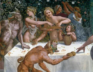 Festa de casamento ou Banquete dos deuses, afresco de Giulio Romano (1499-1546), parede oeste da Câmara de Cupido e Psique, Palazzo Te, Mântua (Lista do Patrimônio Mundial da UNESCO, 2008), Lombardia, Itália