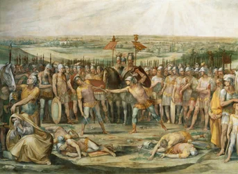 Combate entre os Horácios e os Curiácios, de Giuseppe Cesari (1568-1640), afresco, Sala dos Horácios e dos Curiácios, Conservatórios do Palácio, Roma. Império Romano, Itália, século VII a.C.