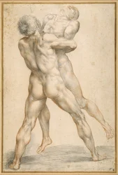Hércules lutando com Antaeus (giz preto e vermelho em papel branco)