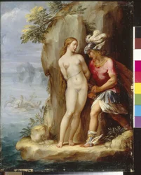 Persee resgatando Andrômeda. (Perseu resgatando Andrômeda). Pintura de Giuseppe Cesari (1568-1640), óleo sobre madeira, por volta de 1590. Arte italiana (Roma)