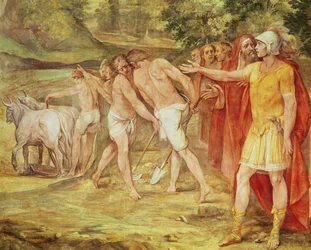 Romulus marcando os limites de Roma, da Sala dei Horatii e Curatii (fresco)