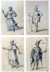 Desenhos de trajes para personagens alegóricos. Guiseppe Arcimboldo (c1530-1593) Pintor italiano. Caneta, tinta azul e aguarela sobre papel.