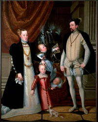 O imperador Maximiliano II (1527-1576) com a sua família: Maria de Espanha (1528-1603) e os seus filhos Ana (1549-1580), Rodolfo (1552-1612) e Ernesto (1553-1591). Pintura de Giuseppe Arcimboldi (ou Arcimboldo) (1527-1593), 1553, 188x240 cm, Castelo de