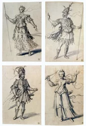 Guiseppe Arcimboldo (c1530-1593) Pintor italiano. Desenhos de trajes para divindades clássicas. Diana/Artemis e Marte/Ares. Guiseppe Arcimboldo (c1530-1593) pintor italiano. Caneta, tinta azul e aguarela sobre papel.