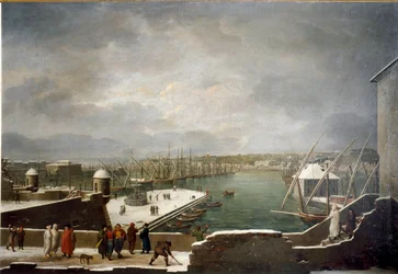 Vista do porto de Génova coberto de neve (óleo sobre tela