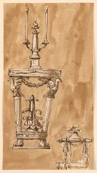Design para uma mesa de console com castiçal e uma cama