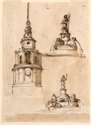 Elevação de uma torre; fontes; Escadaria