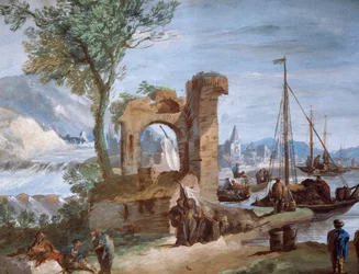 Vista imaginária: Porto com ruínas e cachoeira, de Giuseppe Bernardino Bison (1762-1844)
