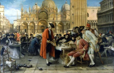 O pintor Francesco Guardi vende as suas pinturas em frente do Café Florian. 1892. Pintura de Giuseppe Bertini. Galleria d
