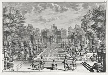 Cenário para uma ópera em um jardim, de Architectus Theatralis Primarius, gravado por Johann Andreas Pfeffel (1674-1748), publicado em 1740