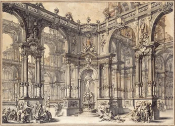 O pórtico de um palácio italiano com uma fonte decorada com uma estátua da fortuna,