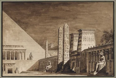Desenho do palco da ópera Semiramida de Gioachino Rossini - Giuseppe Borsato (1771-1849). Caneta, pincel, tinta da Índia sobre papel