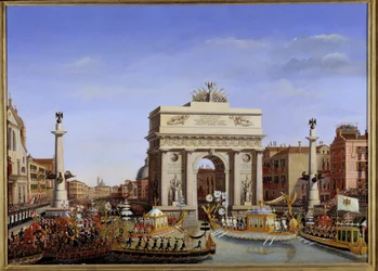 Visita de Napoleão I a Veneza de 28 de Novembro a 8 de Dezembro de 1807: entrada do Imperador em gôndola na Procissão do Grande Canal das gôndolas. Pintura de Giuseppe Borsato (1771-1849) Sol do século XIX. 0,65x0,90 m. - Visita de Napoleão a Veneza, de 28