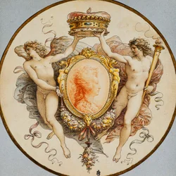 Um retrato oval de uma mulher de perfil, com uma borda decorativa de grotescos e ganhos, com figuras alegóricas ladeando da fama e da vitória segurando uma coroa,