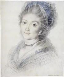 Retrato de busto de uma mulher com touca de renda