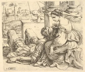 Dalila segurando o cabelo de Samsons e uma tesoura, 1620-30.