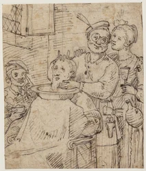 Três personagens de carnaval/comedia del arte numa barbearia fazem troça de um cliente