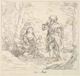 Mulher sentada e homem barbudo em uma paisagem, 1740-1802.