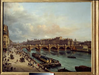 La cite et le Pont Neuf visto do Quai du Louvre Em primeiro plano, uma lavagem de barcos e a grande actividade das margens do Sena. Pintura de Canella Giuseppe Canella l