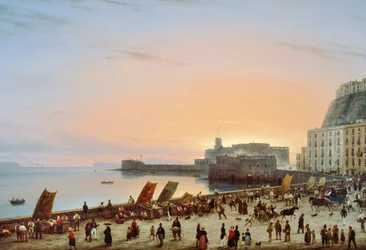 Pôr-do-sol na orla napolitana, ca 1838, de Giuseppe Canella (1788-1847), óleo sobre tela, 90x135 cm