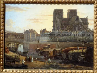 A ponte Saint Charles, o dieu do hotel, o arquéveche e Notre Dame vistos do Quai de la Tournelle em Paris. Pintura de Giuseppe Canella (1788-1847) EC.ITAL.