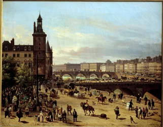 Vista do Caminho das Flores, Torre do Relógio, Pont au Change e Pont-Neuf em Paris Pintura de Giuseppe Canella l