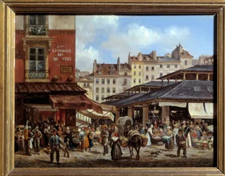 Vista dos Halles em Paris Pintura em cartão de Giuseppe Canella (1788-1847) 1828. Dim 0,14 x 0,19 m Paris, Musee Carnavalet