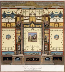 Um comprimento de parede longa numa divisão de uma casa em Pompei