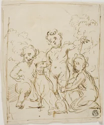 Três Putti e um cão numa paisagem