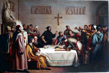 O juramento de Pontida Cerimônia de aliança em 04/07/1167 entre as comunas da Lombardia contra o Santo Império Romano de Frederic Barberossa. É a origem da Lega Lombarda (Liga Lombarda). (Liga do Norte). Pintura de Giuseppe Diotti (1779-1846)