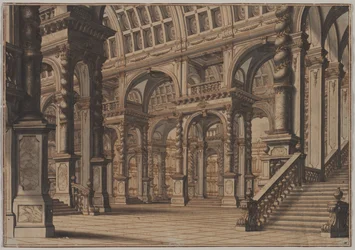 Salão abobadado monumental com escadaria, segundo quartel do século XVIII.