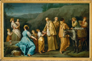Religieux queteurs a qui une jeune fille donne des oefs - Frades mendicantes a quem uma menina oferece ovos ...